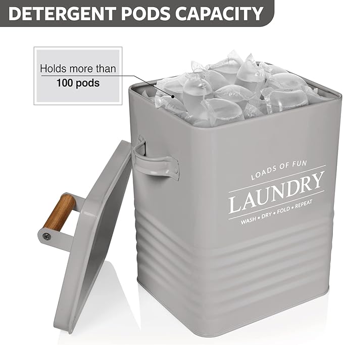 Calindiana Modern Farmhouse Metal Laundry Soap Dispenser Container Holder with Scoop for Laundry Room Decor and Space Saving Laundry Room Organization and Storage, Laundry Powder Container, Grey