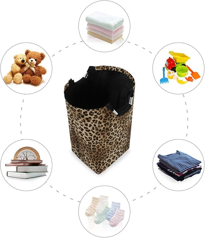CaTaKu Leopard Brown Collapsible Laundry Baskets, Dirty Clothes Hampers for Laundry, Cheetah Print Large Hamper with Handles, Laundry Room Organization and Storage
