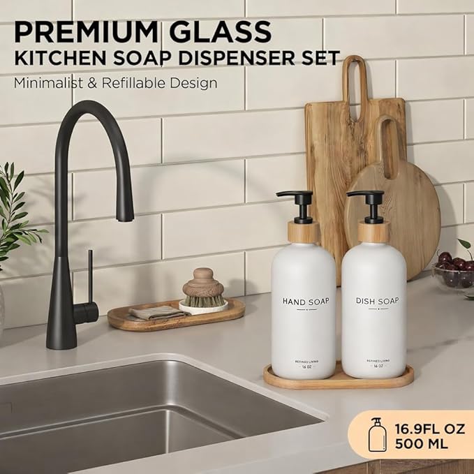 Hand and Dish Soap Dispenser Set,16oz Glass Bottles with Printed Labels, Bamboo Tray & Pump,Countertop Soap Dispensers for Kitchen,Luxury, Minimalist & Farmhouse Decor (Hand Dish (White))