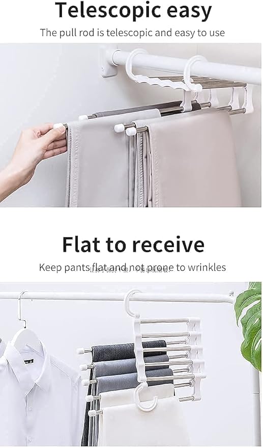5 in 1 ABS Foldable Hangers (Pack of 1) - Multi-Purpose Clothes Hanger - Stainless Steel & ABS Plastic - Powder Coated - Multicolour - Space Saving, Foldable, Multi-Layer