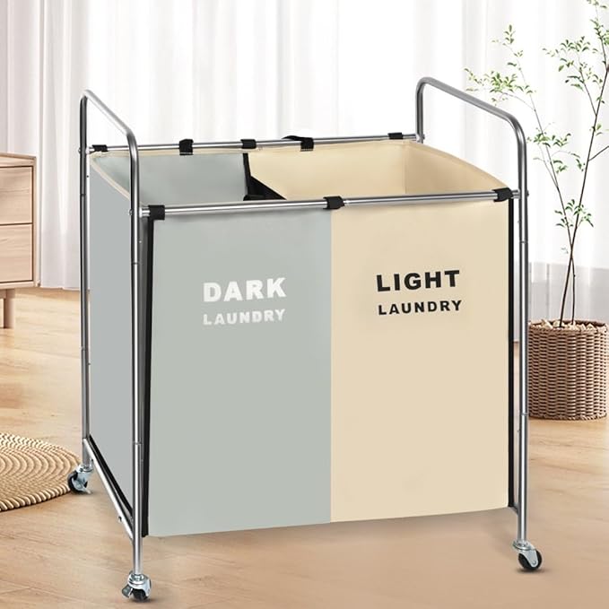 Laundry Basket with Wheels, 180l Hamper with Laundry Bag for Dirty Clothes, Dorm Room Essentials, Towel Organization & Toys Storage Laundry Cart in Laundry Room Organization (White+Gray)