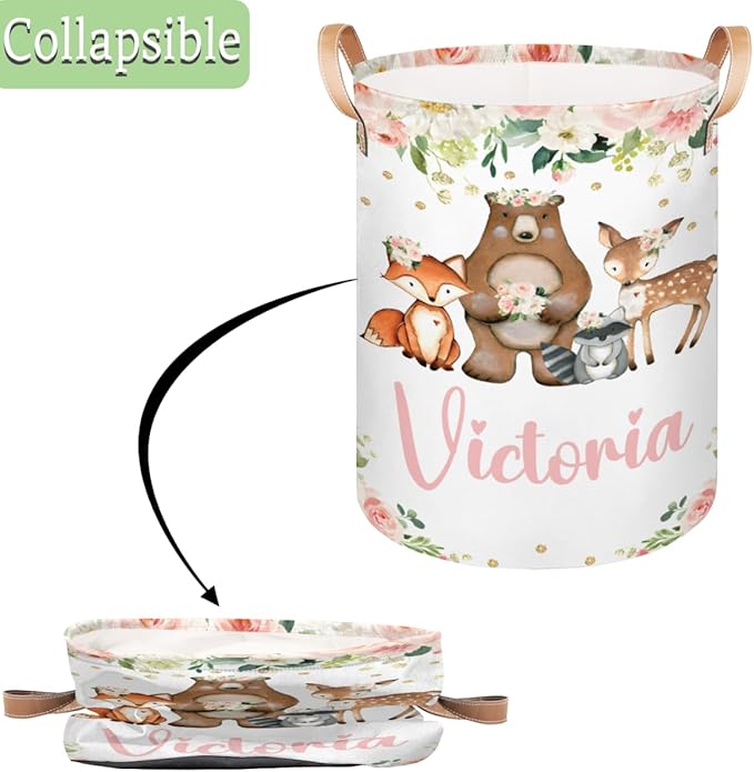 Personalized Laundry Basket, Custom Gift Laundry Hamper, Collapsible Nursery Waterproof Laundry Baskets, Dirty Clothes Toy Hamper with Handles Pretty Floral Woodland Animals