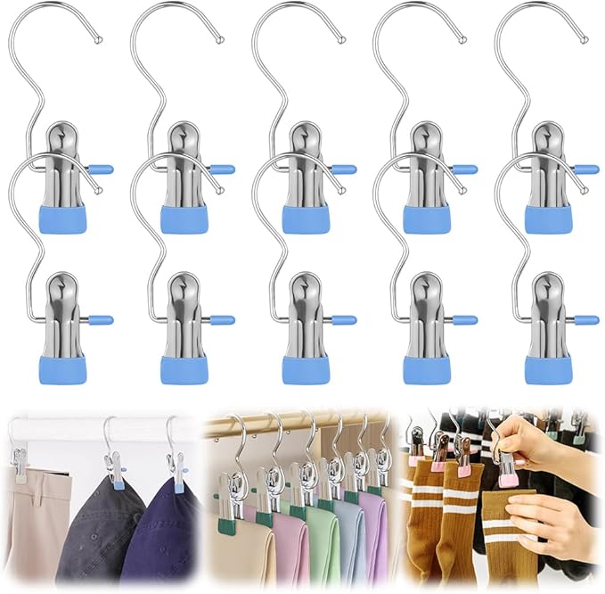 Clothes Pins Hanging Clips, 2025 Upgrade Space-Saving Clothespin Hat Pants Storage Hanging Travel Hook, Multifunctional Hanger Hooks Anti Rust Clips for Clothes (10, Blue)