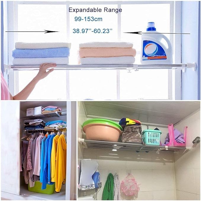 BAOYOUNI Tension Closet Shelf Heavy Duty Organizer Rack Stainless Steel Expandable Storage Shelves Rod Ivory, 39.76-60.04 Inch