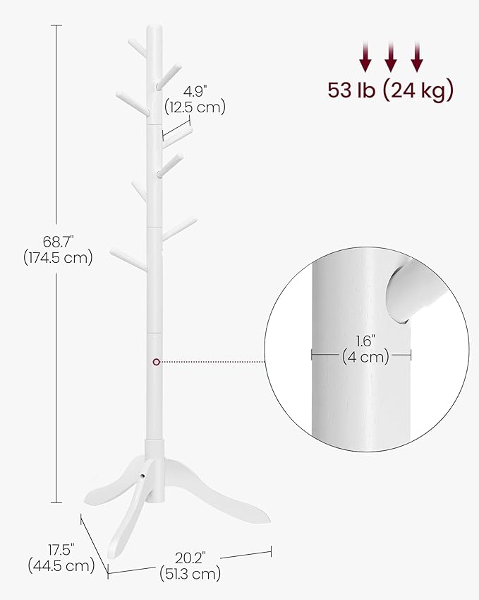VASAGLE Solid Wood Coat Rack, Free Standing Tree-Shaped Coat Rack with 8 Hooks, 3 Height Options, for Clothes, Hats, Bags, Living Room, Bedroom, Home Office, Cloud White URCR01WT