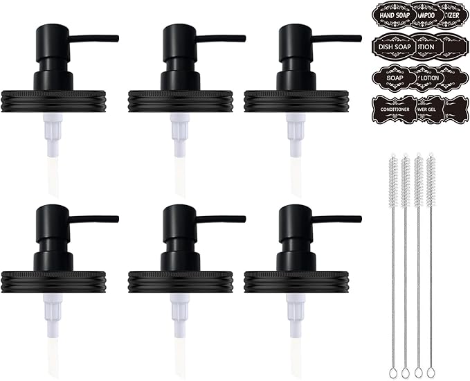 Mason Jar Soap Dispenser Set, Rustproof Plastic Lotion Pump and Lids Accessories for Regular Mouth Mason Jar and Farmhouse Kitchen Counter Decor- 6 Pack Black