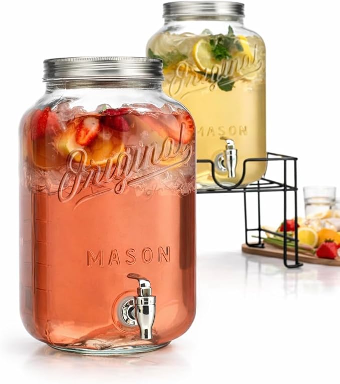 MosJos 2 GALLON Glass Drink Dispensers for Parties, Original Mason Ice Beverage Dispensers with Metal stand, Glass Water Dispenser with Spigot, Laundry Detergent Dispenser, Lemonade Dispenser Set
