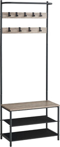 VASAGLE Hall Tree with Bench and Shoe Storage, Entryway Bench with Coat Rack Stand and Shoe Rack, 9 Movable Hooks, Top Bar, Fabric Shelves, Industrial, Greige and Black UHSR411B02