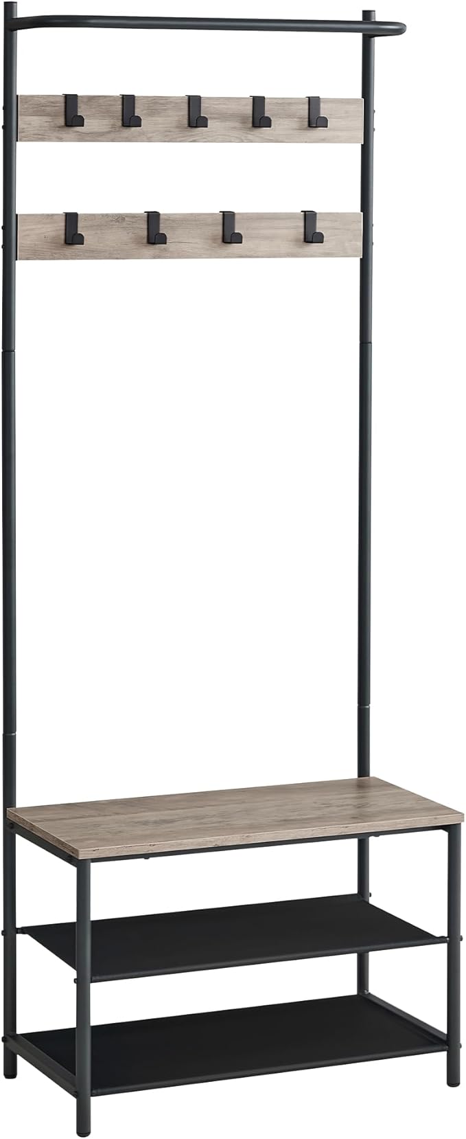 VASAGLE Hall Tree with Bench and Shoe Storage, Entryway Bench with Coat Rack Stand and Shoe Rack, 9 Movable Hooks, Top Bar, Fabric Shelves, Industrial, Greige and Black UHSR411B02