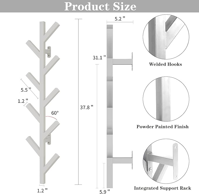 Coat Rack Wall Mounted - 9 Hooks, Coat Hooks for Wall, Modern Metal Coat Tree for Hats, Jackets, Bags, Entryway Bedroom-White (Height 37.8")