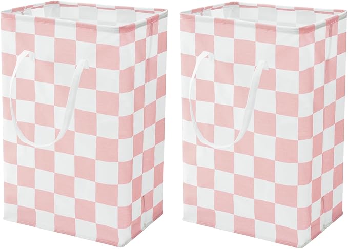 Checkered Laundry Hamper, Pack of 2, Large Pink Collapsible Cloth Hampers Basket for Storage Girls Wome Organization Cute Aesthetic, 2 x 75L