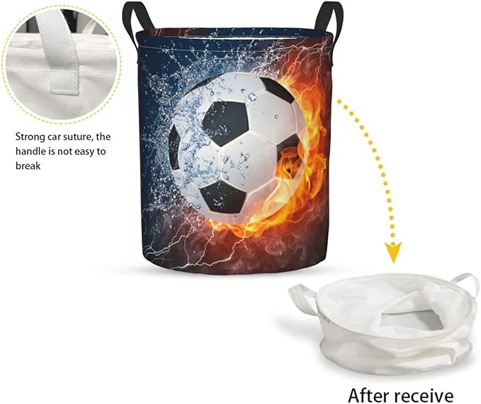 Dujiea Soccer Ball In Fire And Water Laundry Basket Round With Handle, Collapsible Foldable Canvas Storage Bin Dirty Clothes Bag For Laundry/Toys Organizer/College Dorm/Nursery/Decor(2 Sizes)