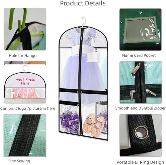 Clear Dance Costume Garment Bag, 39 Inch Garment Bag for Dance Competitions, Kids Hanging Clothes Cover for Girls Closet Storage with 3 Zippered Pockets (2 Pack, Clear)