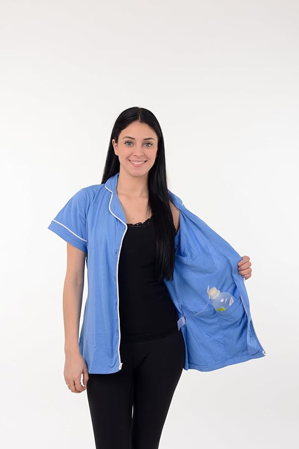 USBD Post Mastectomy Shirt with Drain Pockets Lapel Collar Post Op Button Down Recovery Tops
