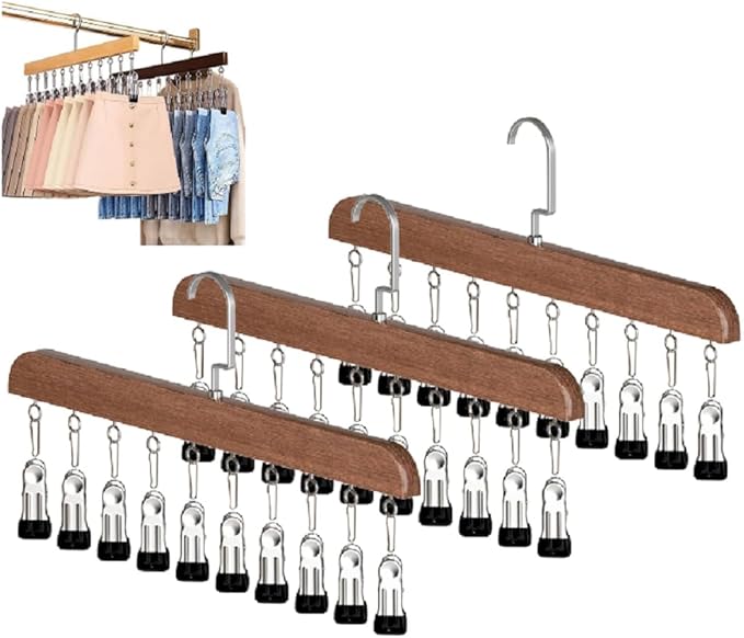 Hats Hangers with 10 Clips,Space Saving Cap Organizer for Closet,Wooden Legging Hangers 3 Pack,360° Rotating Hanging Closet Organizer for Pants, Skirts and Socks Storage (Set of 3,Vintage)
