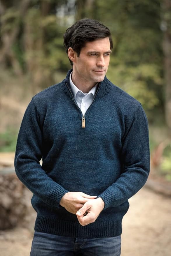 Aran Crafts 1/4 Zip Plain Sweater 100% Wool, Made in Ireland
