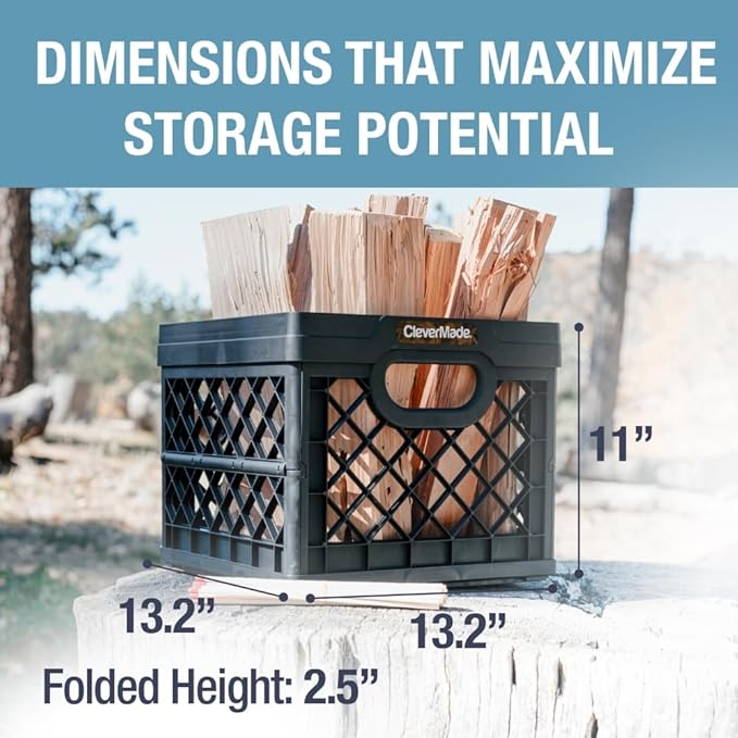 CleverMade Collapsible Milk Crate 25L (6.6 Gal), 50 lb Heavy Duty Folding Crate – Stackable Storage Crates with File Rails, Plastic Collapsible Crates for Storage - Obsidian