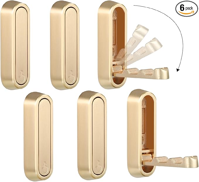 Folding Coat Hooks, 6 Pcs Foldable Gold Wall Hooks Heavy Duty Foldable Hook Bathroom Towel Hooks Robe Hooks Wall Mounted for Hanging Coat Towels Clothes Hat Bags Keys
