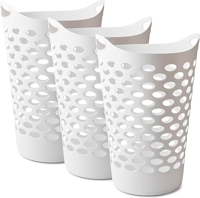 3 Pack Mind Reader Plastic Laundry Basket, 2.2 Bushel （17.5" x 26"）Large Capacity Dirty Clothes Laundry Hamper, Flexible Round Wicker Hamper with Reinforced Rim and Integrated Handles, White