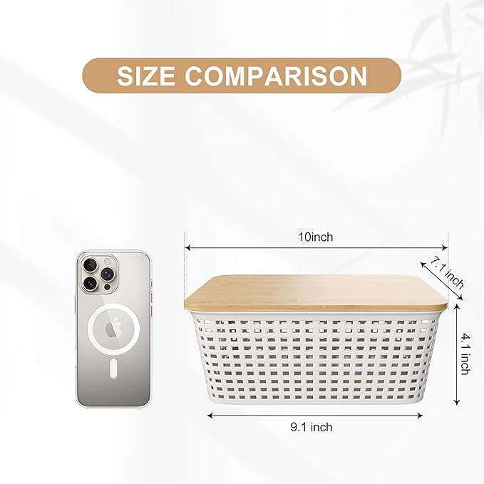 6Pcs Storage Bins with Lids, Stackable Plastic Storage Basket with Bamboo Lid, Pantry Organizer Box Small Containers for Organizing Shelves Drawer Desktop Closet Cabinet Office Classroom 10x7.1x4.1in