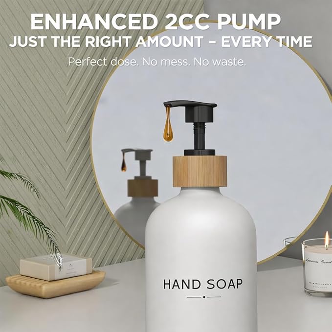 Hand and Dish Soap Dispenser Set,16oz Glass Bottles with Printed Labels, Bamboo Tray & Pump,Countertop Soap Dispensers for Kitchen,Luxury, Minimalist & Farmhouse Decor (Hand Dish (White))