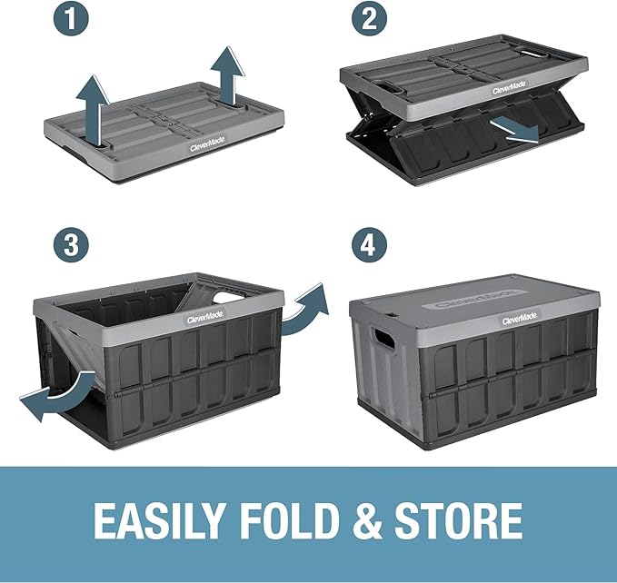 CleverMade Collapsible Storage Bins with Lids- Obsidian 3 Pack 62L - Plastic Containers Stackable Organization Crates Home Closet Space-Saving Durable