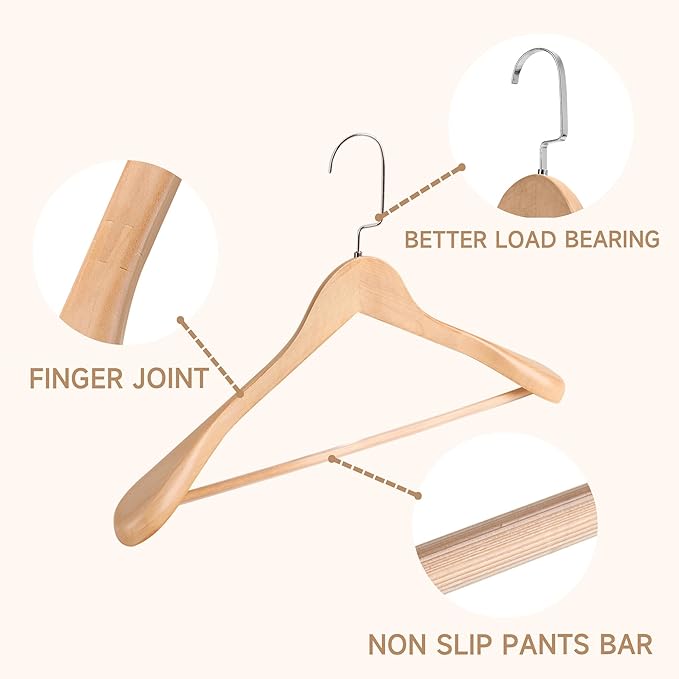 16-Inch Wooden Suit Hangers with Non Slip Pants Bar, 2-Pack Wood Extra-Wide Shoulder Hangers, Flat-Head Hook Hangers for Suits, Coats, Jackets, Shirts, Pants, and Heavy Clothes (Natural Wood)