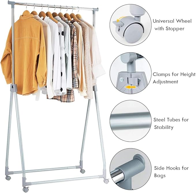 Nightcore Extendable Garment Rack, Heavy Duty Foldable Clothes Rail with Adjustable Hanging Rod & Rolling Casters, Movable Clothes Hanger for Home, Office, Store, Market
