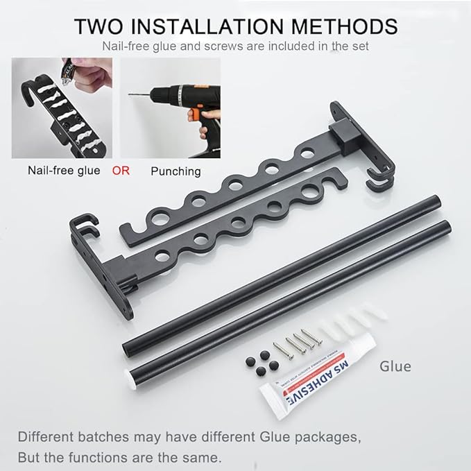 Small Wall Clothes Rail, Aluminium Foldable Drying Rack Hook 90° Rotation Coat Hanger for Laundry Bathroom Balcony (Black Fixed Seats+Rod)