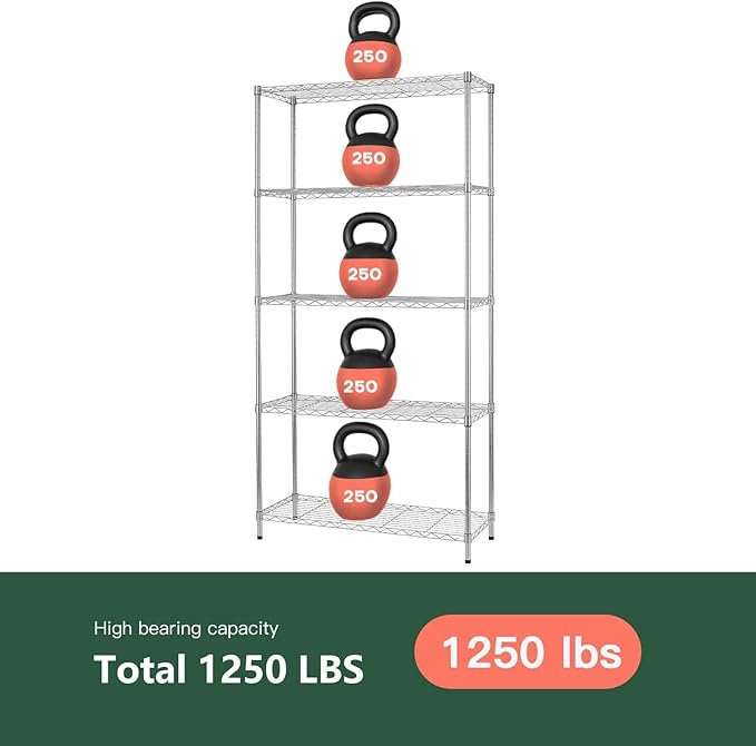 5-Tier Heavy Duty Wire Shelving Unit for Garage & Kitchen Adjustable Metal Shelf, 1250 LBS Wire Rack, Garage Shelving, Pantry Organizer, Storage Shelves, Utility Shelf, Chrome, 36W x 14D x 72H