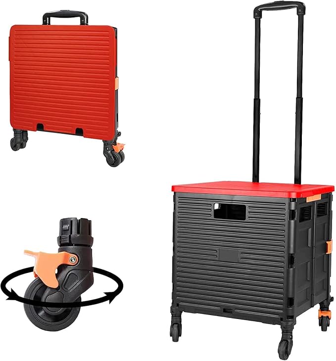 FELICON SELORSS Foldable Utility Cart Folding Portable Rolling Crate Handcart with Heavy Duty Telescoping Handle Collapsible 4 Rotate Wheels for Travel Shopping Move Luggage Office Use(Black+Red)