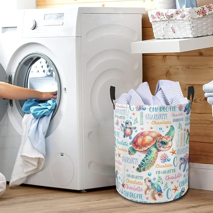 Sea Turtle Laundry Basket,Personalized Laundry Hamper for Boys Girls,Custom Laundry Basket With Name, Customized Dirty Clothes Hamper for Bathroom Bedrooms,M-19.5"X 15.7"