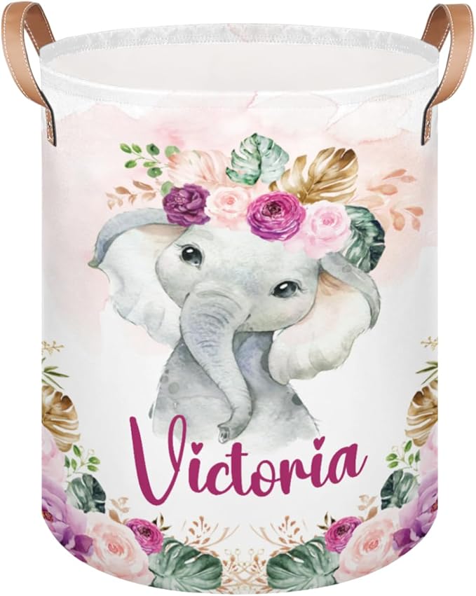 Personalized Laundry Basket, Custom Gift Laundry Hamper, Collapsible Nursery Waterproof Laundry Baskets, Dirty Clothes Toy Hamper with Handles Tropical Elephant