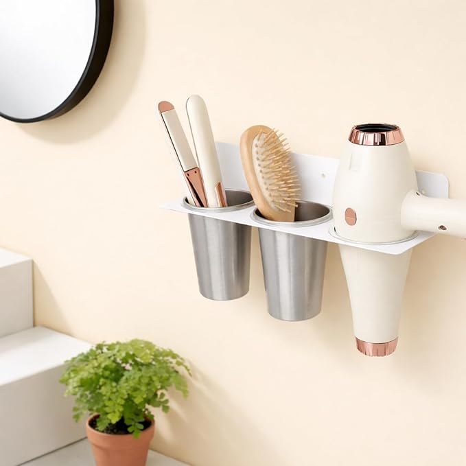 Hair Tool Organizer Wall Mount, Aluminum Alloy Curling Iron Holder Wall Mount, Hair Dryer and Straightener Holder with 2 Stainless Steel Cups 3-in-1 Storage for Bathroom Vanity Salon White PTALSEAW