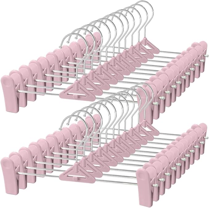 Skirt & Pant Hangers for Women Kid - 30 Pack Pink Space Saving Stackable Skirts Hangers with Clips - Non-Slip, Adjustable for Men, Children, Baby