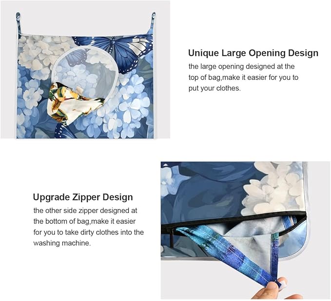 Blue Hydrangea and Butterfly Door Hanging Laundry Hamper Bag with Free Adjustable Stainless Steel Hooks Dirty Clothes Hamper Extra Large Over the Door Laundry Hamper 29.5X20inch 2Pack