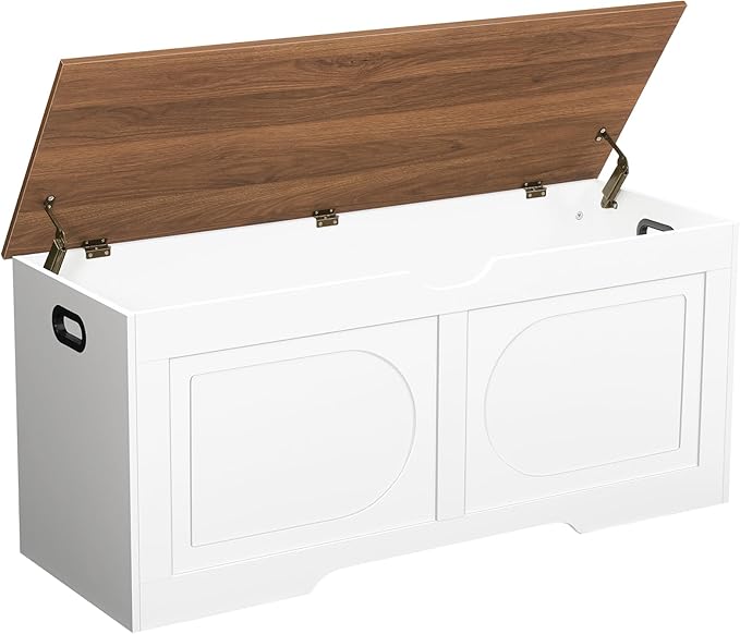 Storage Chest, 43.3” Toy Box, Entryway Storage Trunk, Shoe Bench with Storage, Engineered Wood Storage Cabinet with 2 Safety Hinges, Entrance Bench for Living Room, White + Walnut SCBZ2101