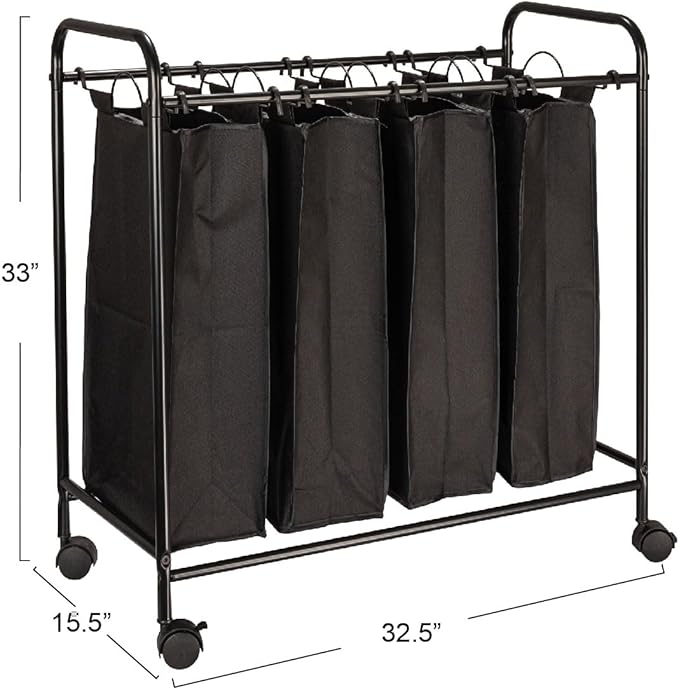 Household Essentials Rolling Laundry Sorter, 4 Bag Laundry Sorter Cart with Washable and Removable Bags, Black
