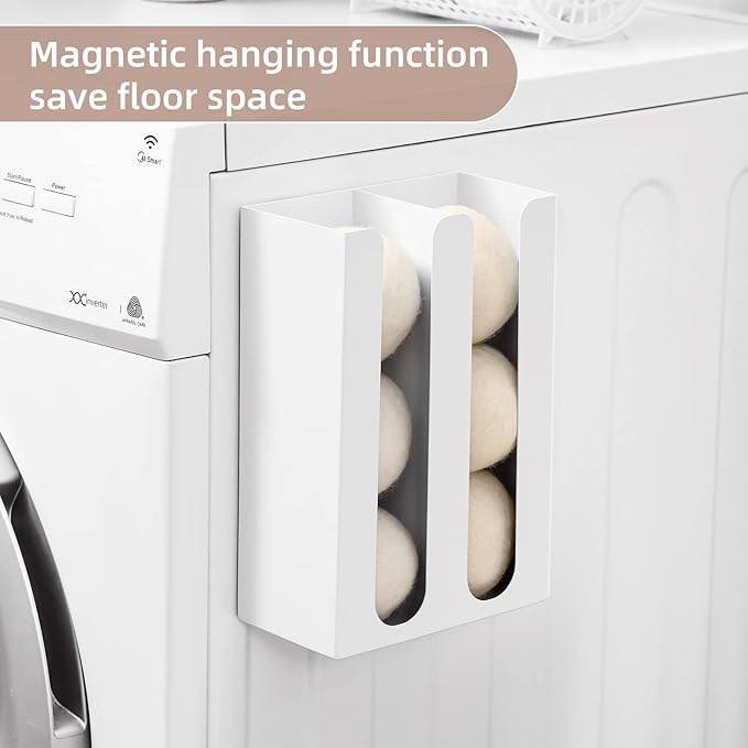 Magnetic Dryer Ball Holder for Laundry Room,Iron Dryer Ball Dispenser for Laundry Storage Container,Laundry Dryer Balls Organizer,Magnetic Dryer Ball Basket,Laundry Room Organization,White(No Balls)
