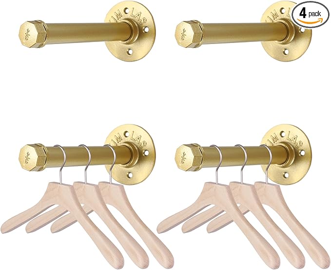 BTSKY 4 Pack Clothes Rack with Screws, 8 Inch Metal Industrial Pipe Clothes Bar for Hanging Clothes, Heavy Duty Wall Mounted Clothing Hanging Rod Shelving Brackets for Laundry Room Retail Store, Gold
