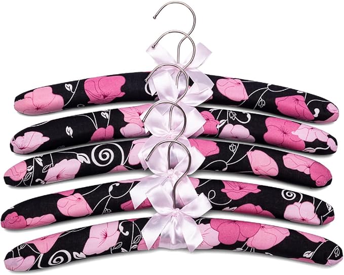 Anti-Slip Satin Padded Clothes Hangers with Rotatable Hooks No Shoulder Bump for Women Heavy Sweaters, Coats, Suits, Floral Pattern with Satin Bow, 360° Swivel Hook, Set of 5 (Pink)
