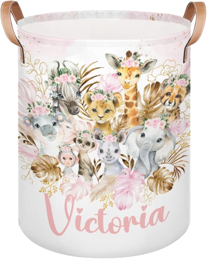 Personalized Laundry Basket, Custom Gift Laundry Hamper, Collapsible Nursery Waterproof Laundry Baskets, Dirty Clothes Toy Hamper with Handles Gold Boho Safari Animals