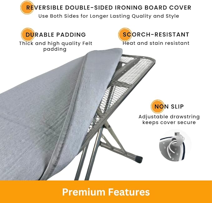 SAVUK Ironing Board Cover and Pad Dual Side X2 Lifetime Double Using Heavy Duty Thick Padding Heat Reflective Non Stick Scorch and Stain Resistant Adjustable 15x54 inch (Double Sided Grey)