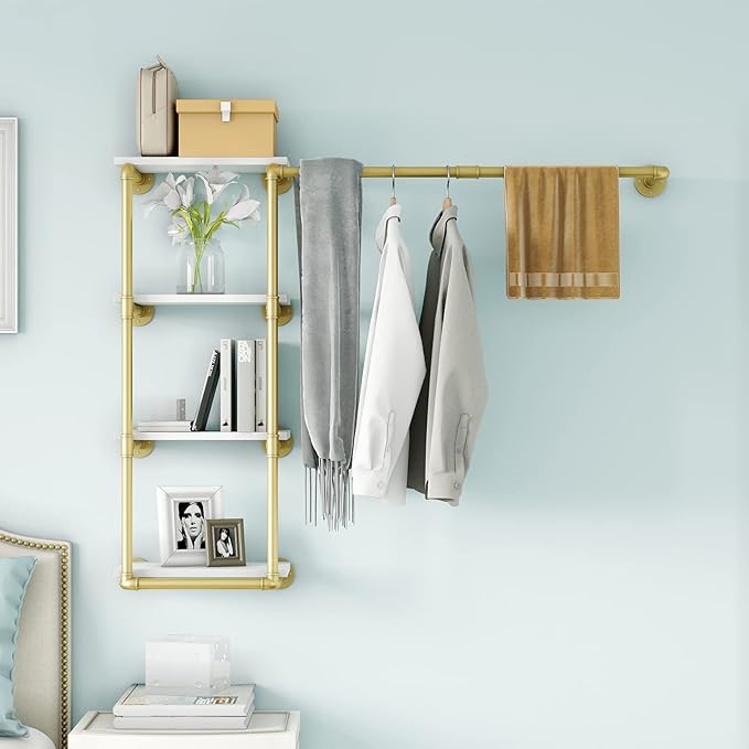 Wall Mounted Pipe Clothing Rack with Shelf,Gold Industrial Clothes Rack with 4 Tier Closet Bar Heavy Duty Iron Garment Rack, Retail Display Clothes Rod for Hanging Clothes,Laundry Room (Gold)