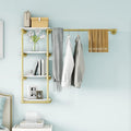 Wall Mounted Pipe Clothing Rack with Shelf,Gold Industrial Clothes Rack with 4 Tier Closet Bar Heavy Duty Iron Garment Rack, Retail Display Clothes Rod for Hanging Clothes,Laundry Room (Gold)