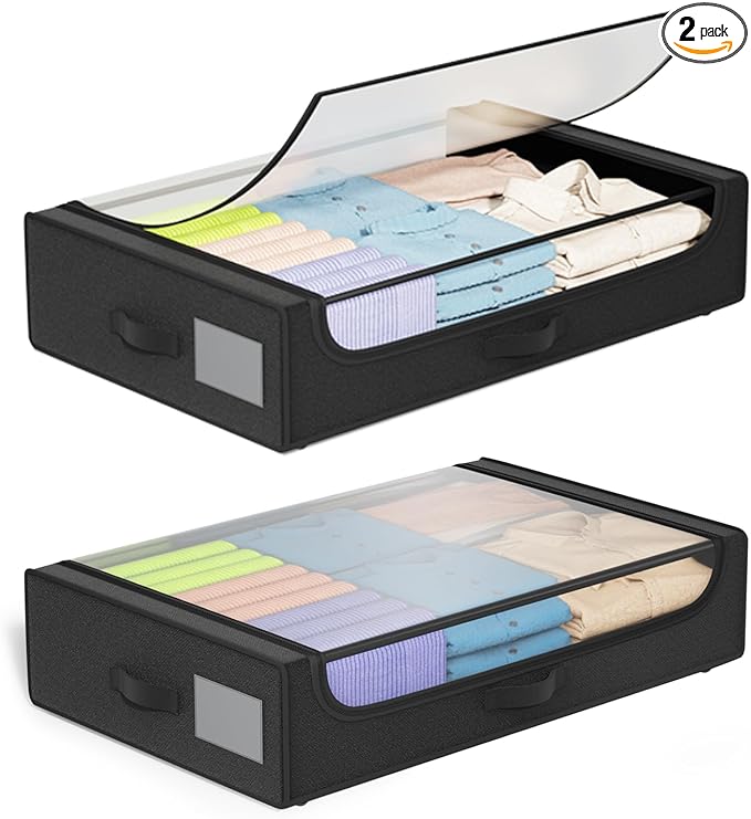 PayLessHere 2 Pack Under Bed Storage with Wheels 53L Under Bed Storage Containers with Clear Lids Clothes Organizer Underbed Rolling Underbed Storage for Clothes, Shoes, Blankets,Black