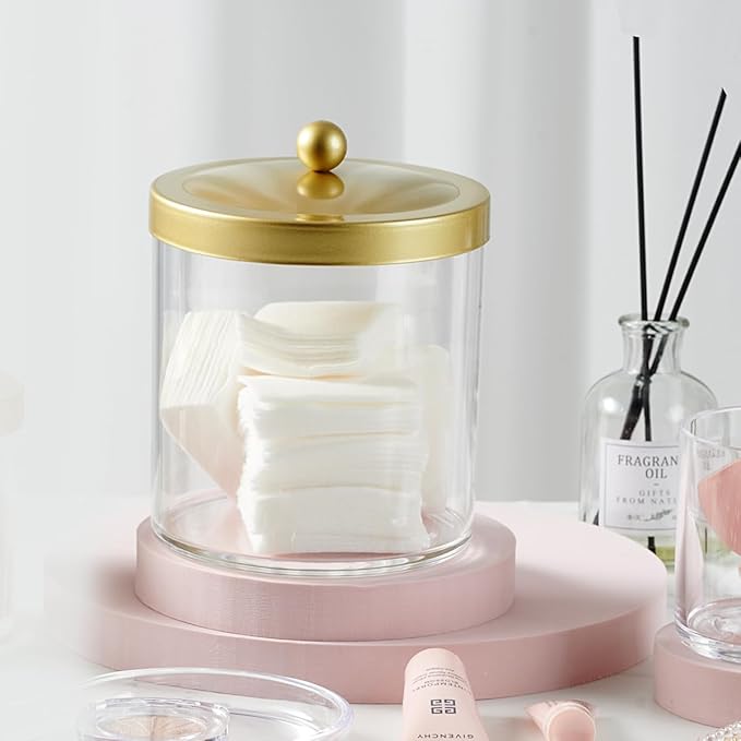 SheeChung 50 Ounce Large Clear Apothecary Jar with Gold Rust-Proof Lid - Shatterproof Plastic Storage Canister - Modern Luxury Bathroom Vanity & Laundry Room Organizer for Pods, Bath Salts