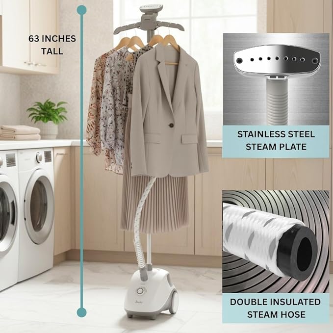 SALAV® Standing Steamer for Clothes, 1500W Powerful Garment Steamer with Roll Wheels, 4 Steam Settings, High Efficiency Stainless Steel Plate, with Limescale Remover Descaler Packets