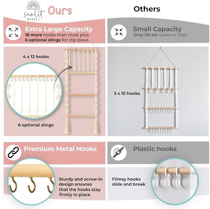 Headband Holder - Bow Holder for Baby Girl – Macrame Bow Organizer for Baby Girl w/ 48 Metal Hooks, 6 Slings & Wooden Bead – Space Saving Baby Bow Organizer – Ideal Baby Bow Holder for Expecting Moms