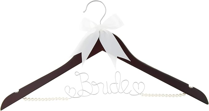 Ella Celebration Bride to Be Wedding Dress Hanger Wooden and Wire, Accented with Pearls and A Bow Bridal Hangers for Brides (Mahogany with Silver Wire and Pearls)
